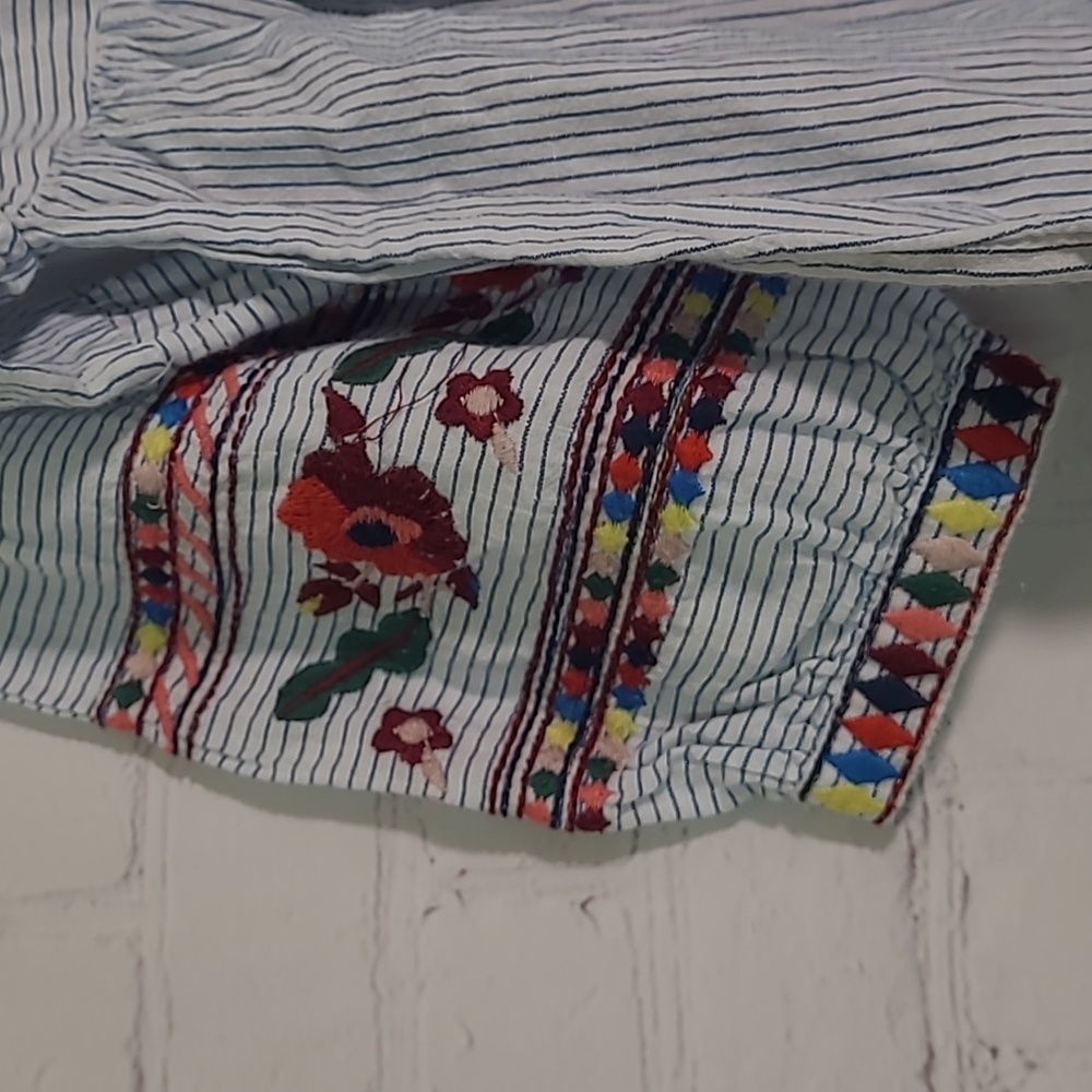 ZARA Kids Embroidered Peasant Blouse Stripes Bell Sleeve Girls Size 7 - Picture 5 of 15